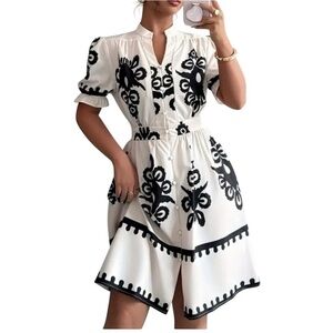 Stylish Black and Cream Patterned Mini Dress | Size L